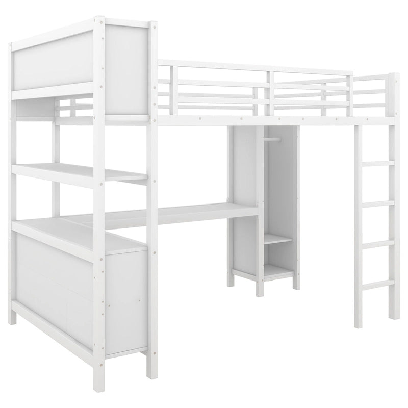 Cama alta de metal todo en uno con escritorio en forma de L y armario, estructura de cama para dormitorios con cubos de almacenamiento, estantes, barandillas de longitud completa