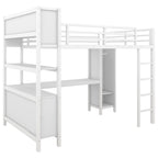 Cama alta de metal todo en uno con escritorio en forma de L y armario, estructura de cama para dormitorios con cubos de almacenamiento, estantes, barandillas de longitud completa