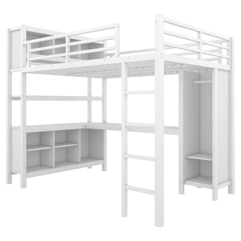 Cama alta de metal todo en uno con escritorio en forma de L y armario, estructura de cama para dormitorios con cubos de almacenamiento, estantes, barandillas de longitud completa