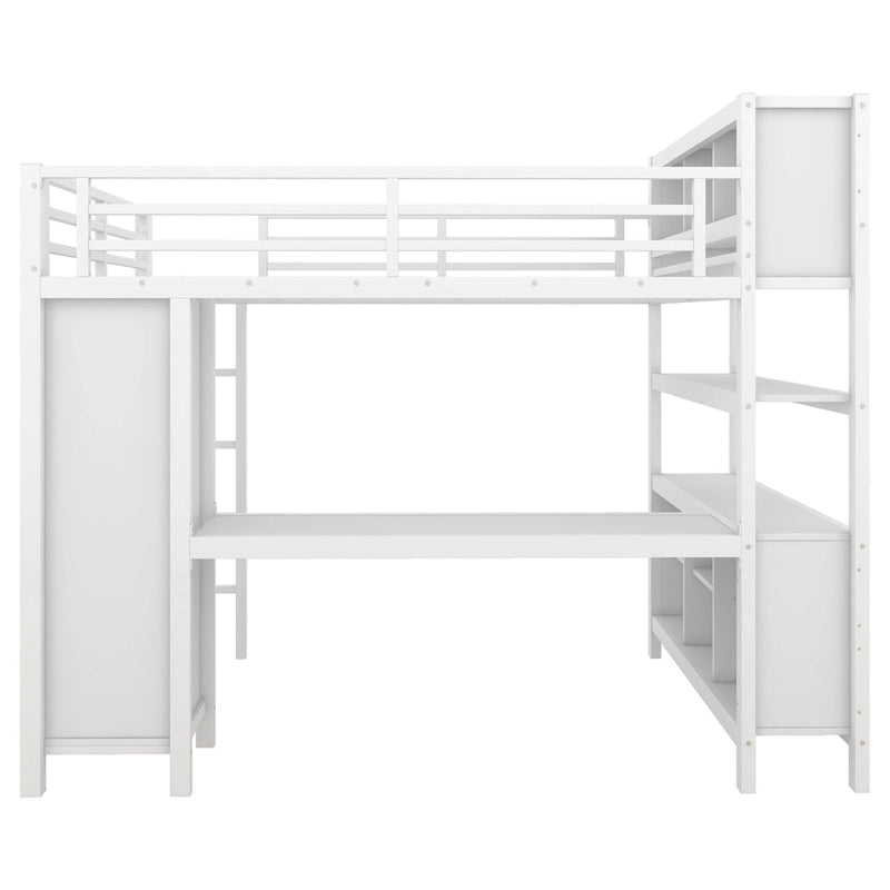 Cama alta de metal todo en uno con escritorio en forma de L y armario, estructura de cama para dormitorios con cubos de almacenamiento, estantes, barandillas de longitud completa
