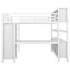 Cama alta de metal todo en uno con escritorio en forma de L y armario, estructura de cama para dormitorios con cubos de almacenamiento, estantes, barandillas de longitud completa