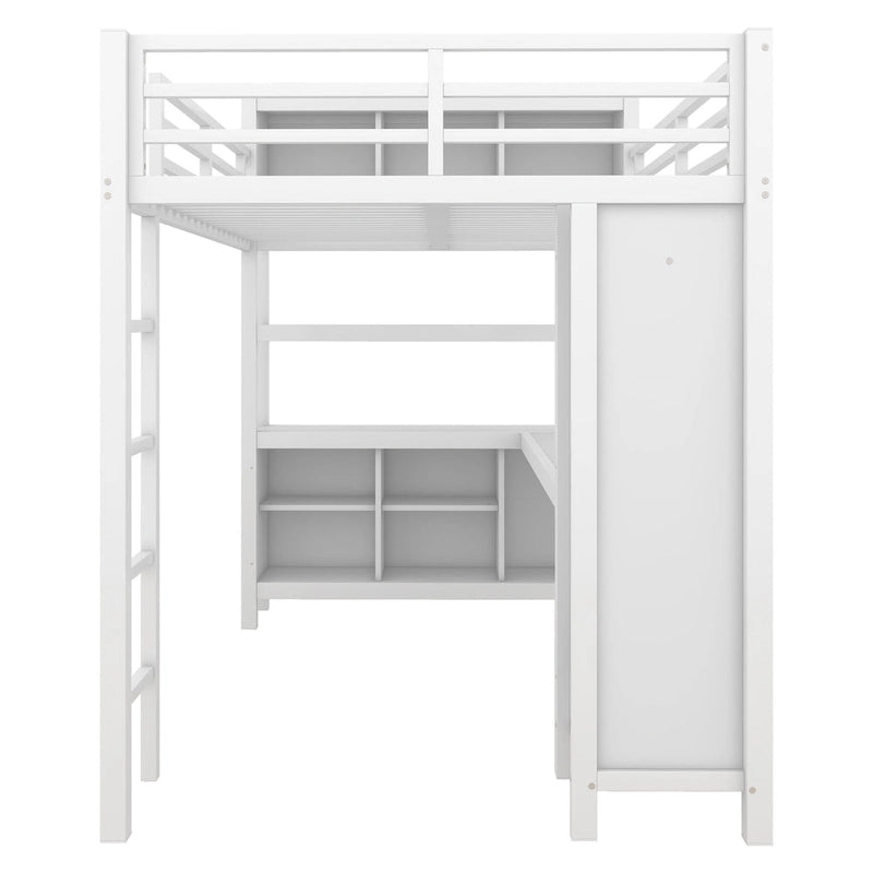 Cama alta de metal todo en uno con escritorio en forma de L y armario, estructura de cama para dormitorios con cubos de almacenamiento, estantes, barandillas de longitud completa
