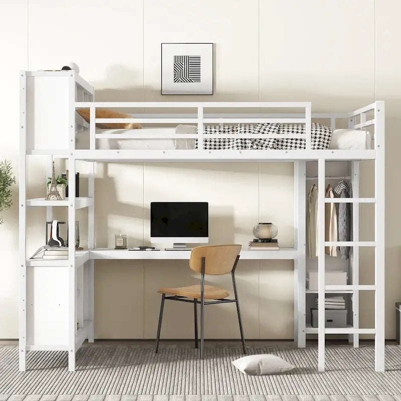 Cama alta de metal todo en uno con escritorio en forma de L y armario, estructura de cama para dormitorios con cubos de almacenamiento, estantes, barandillas de longitud completa