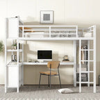 Cama alta de metal todo en uno con escritorio en forma de L y armario, estructura de cama para dormitorios con cubos de almacenamiento, estantes, barandillas de longitud completa