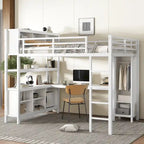 Cama alta de metal todo en uno con escritorio en forma de L y armario, estructura de cama para dormitorios con cubos de almacenamiento, estantes, barandillas de longitud completa