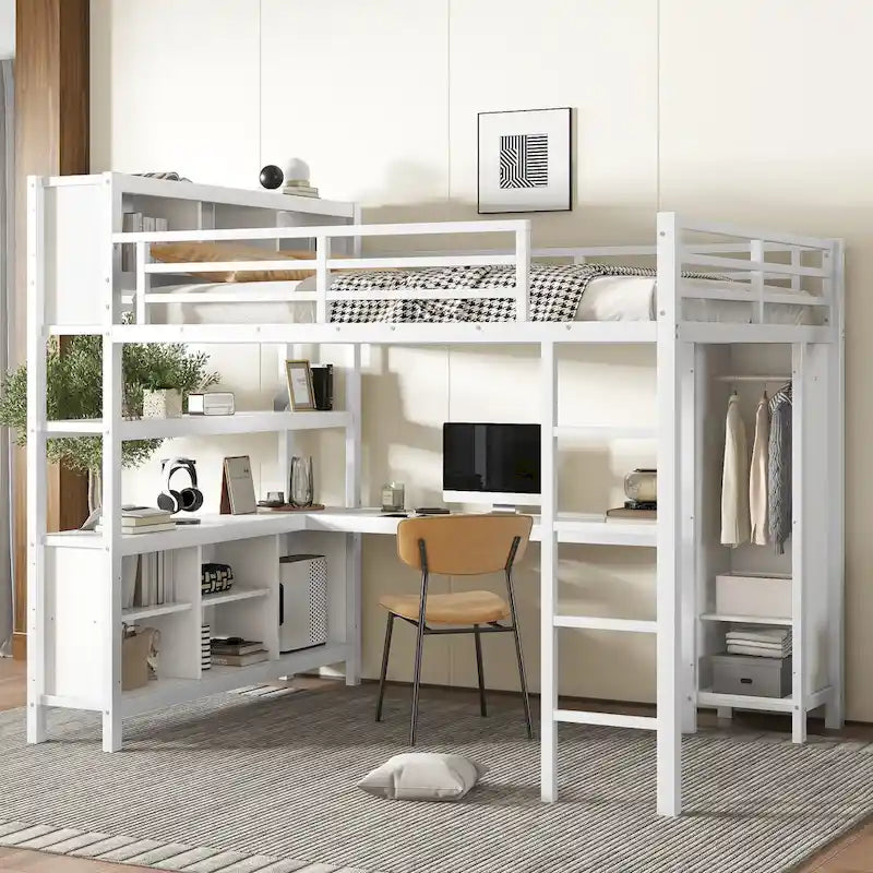 Cama alta de metal todo en uno con escritorio en forma de L y armario, estructura de cama para dormitorios con cubos de almacenamiento, estantes, barandillas de longitud completa