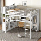 Cama alta de metal todo en uno con escritorio en forma de L y armario, estructura de cama para dormitorios con cubos de almacenamiento, estantes, barandillas de longitud completa