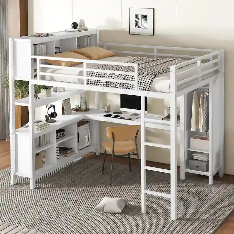 Cama alta de metal todo en uno con escritorio en forma de L y armario, estructura de cama para dormitorios con cubos de almacenamiento, estantes, barandillas de longitud completa