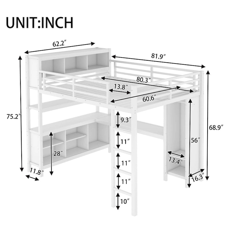 Cama alta de metal todo en uno con escritorio en forma de L y armario, estructura de cama para dormitorios con cubos de almacenamiento, estantes, barandillas de longitud completa