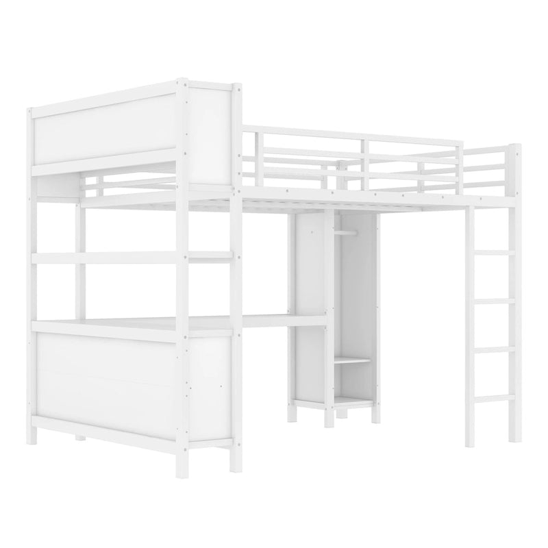 Cama alta de metal todo en uno con escritorio en forma de L y armario, estructura de cama para dormitorios con cubos de almacenamiento, estantes, barandillas de longitud completa