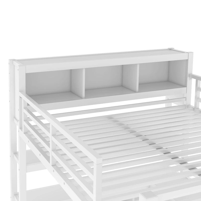Cama alta de metal todo en uno con escritorio en forma de L y armario, estructura de cama para dormitorios con cubos de almacenamiento, estantes, barandillas de longitud completa