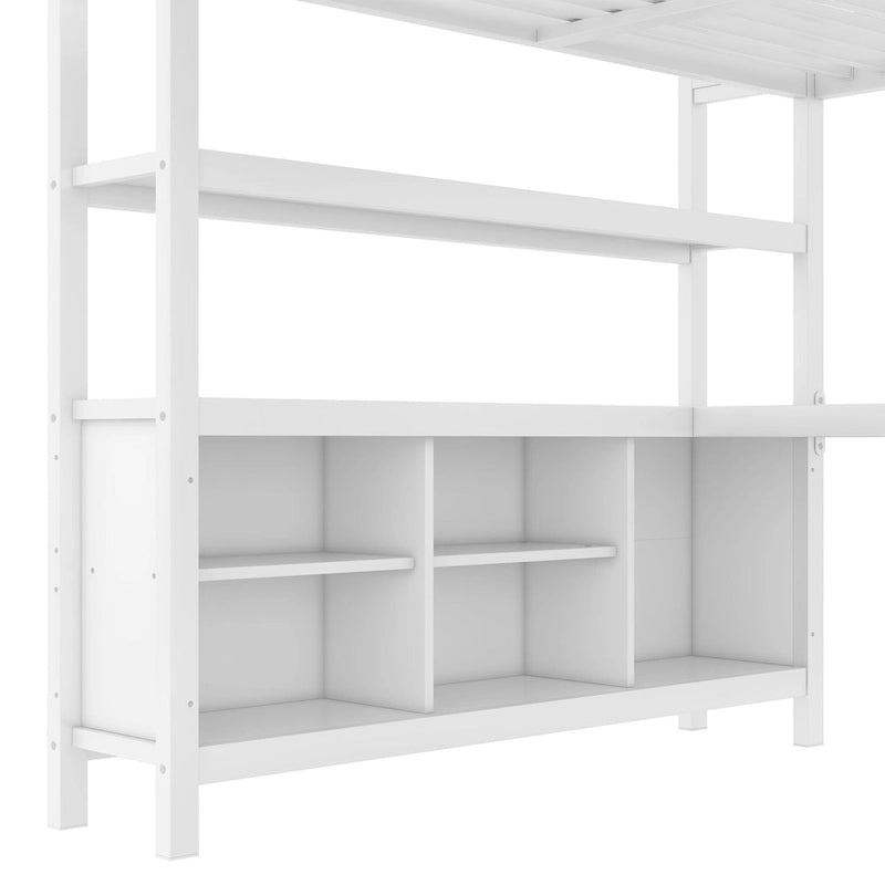 Cama alta de metal todo en uno con escritorio en forma de L y armario, estructura de cama para dormitorios con cubos de almacenamiento, estantes, barandillas de longitud completa