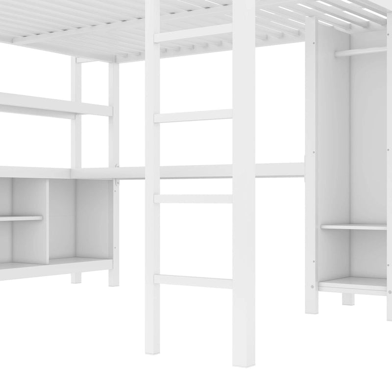 Cama alta de metal todo en uno con escritorio en forma de L y armario, estructura de cama para dormitorios con cubos de almacenamiento, estantes, barandillas de longitud completa