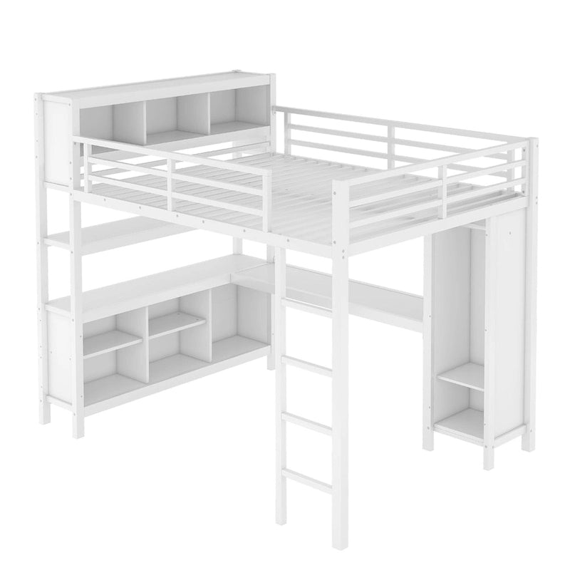 Cama alta de metal todo en uno con escritorio en forma de L y armario, estructura de cama para dormitorios con cubos de almacenamiento, estantes, barandillas de longitud completa
