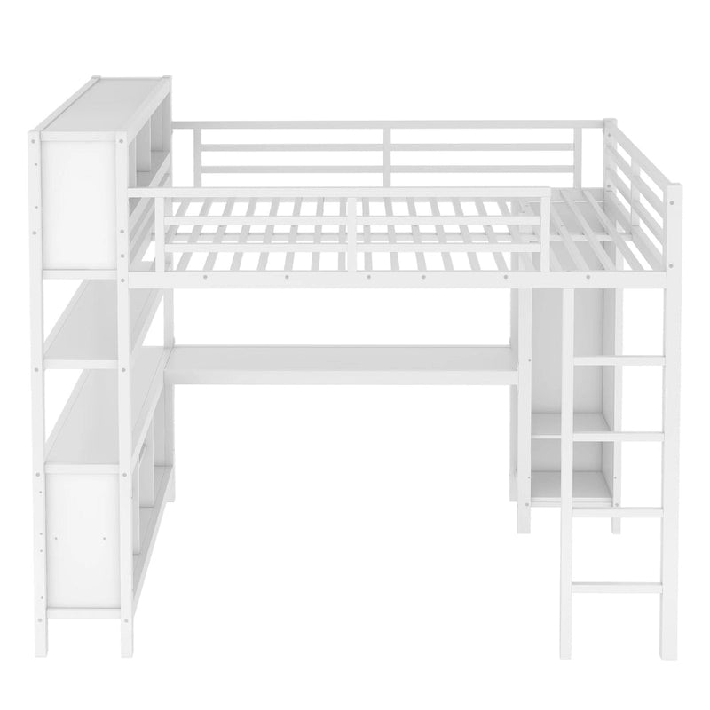 Cama alta de metal todo en uno con escritorio en forma de L y armario, estructura de cama para dormitorios con cubos de almacenamiento, estantes, barandillas de longitud completa