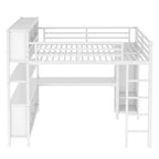 Cama alta de metal todo en uno con escritorio en forma de L y armario, estructura de cama para dormitorios con cubos de almacenamiento, estantes, barandillas de longitud completa