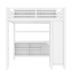 Cama alta de metal todo en uno con escritorio en forma de L y armario, estructura de cama para dormitorios con cubos de almacenamiento, estantes, barandillas de longitud completa
