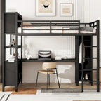 Cama alta de metal todo en uno con escritorio en forma de L y armario, estructura de cama para dormitorios con cubos de almacenamiento, estantes, barandillas de longitud completa
