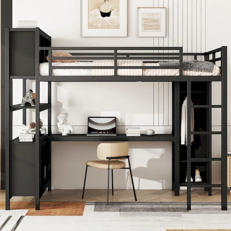 Cama alta de metal todo en uno con escritorio en forma de L y armario, estructura de cama para dormitorios con cubos de almacenamiento, estantes, barandillas de longitud completa