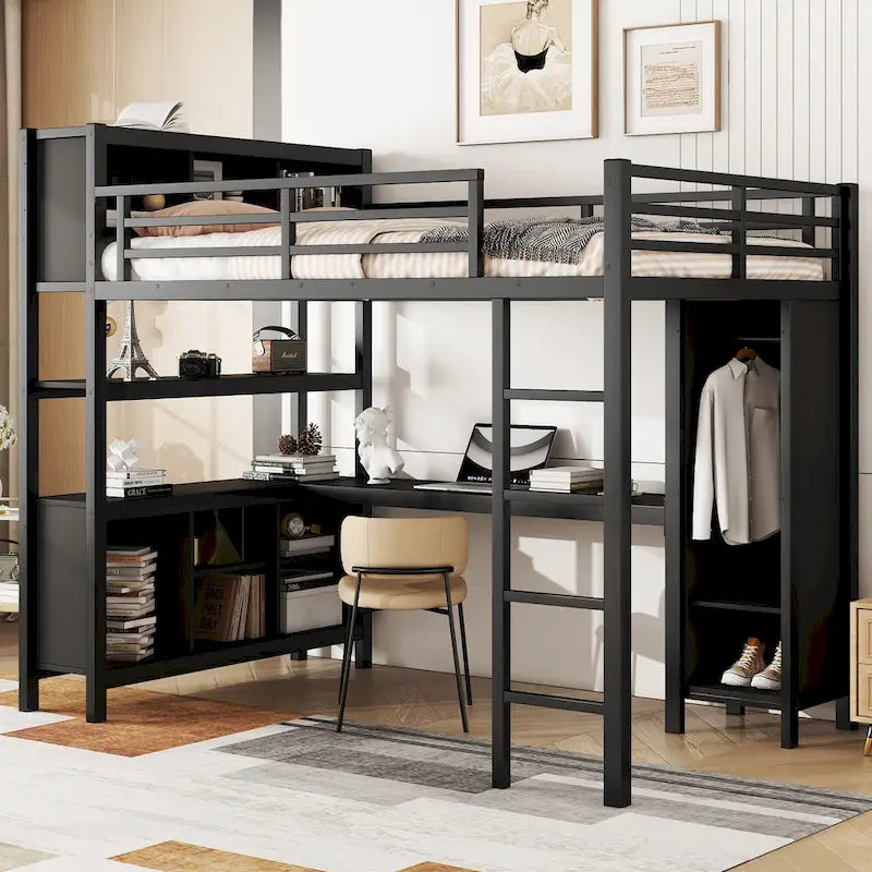 Cama alta de metal todo en uno con escritorio en forma de L y armario, estructura de cama para dormitorios con cubos de almacenamiento, estantes, barandillas de longitud completa