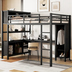 Cama alta de metal todo en uno con escritorio en forma de L y armario, estructura de cama para dormitorios con cubos de almacenamiento, estantes, barandillas de longitud completa