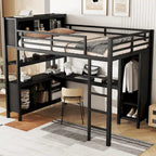 Cama alta de metal todo en uno con escritorio en forma de L y armario, estructura de cama para dormitorios con cubos de almacenamiento, estantes, barandillas de longitud completa