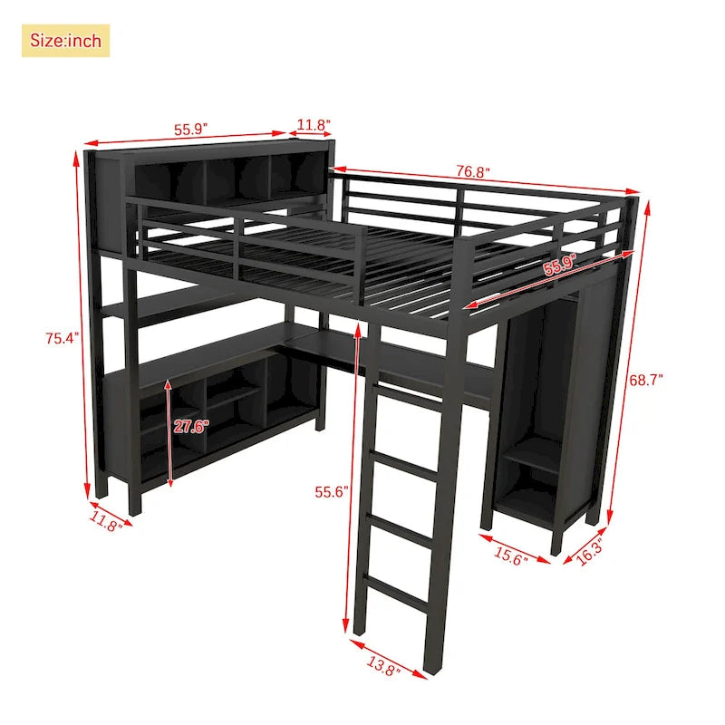 Cama alta de metal todo en uno con escritorio en forma de L y armario, estructura de cama para dormitorios con cubos de almacenamiento, estantes, barandillas de longitud completa