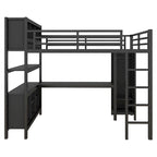 Cama alta de metal todo en uno con escritorio en forma de L y armario, estructura de cama para dormitorios con cubos de almacenamiento, estantes, barandillas de longitud completa