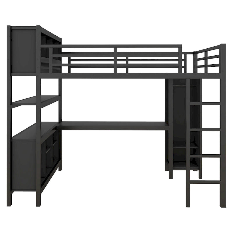 Cama alta de metal todo en uno con escritorio en forma de L y armario, estructura de cama para dormitorios con cubos de almacenamiento, estantes, barandillas de longitud completa