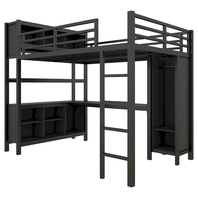 Cama alta de metal todo en uno con escritorio en forma de L y armario, estructura de cama para dormitorios con cubos de almacenamiento, estantes, barandillas de longitud completa