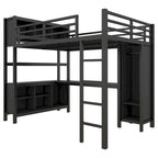 Cama alta de metal todo en uno con escritorio en forma de L y armario, estructura de cama para dormitorios con cubos de almacenamiento, estantes, barandillas de longitud completa