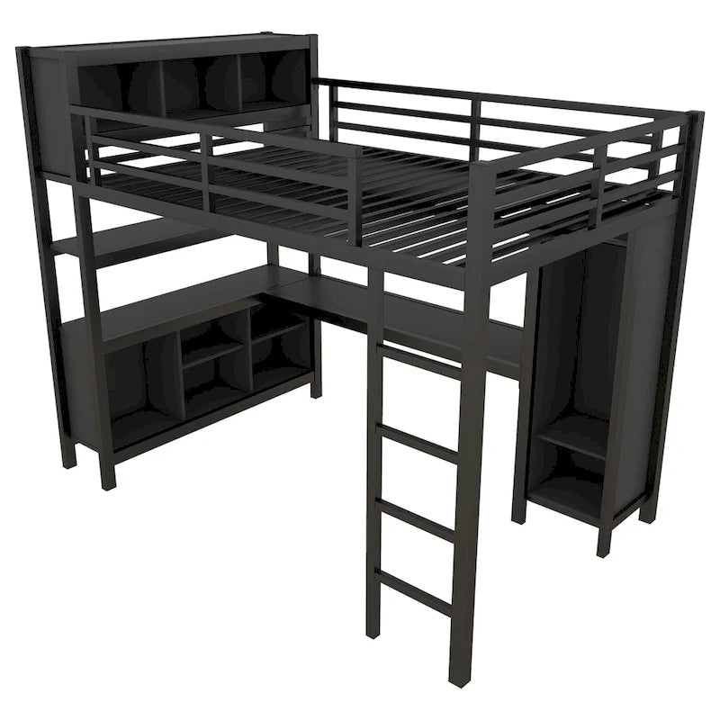 Cama alta de metal todo en uno con escritorio en forma de L y armario, estructura de cama para dormitorios con cubos de almacenamiento, estantes, barandillas de longitud completa