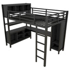Cama alta de metal todo en uno con escritorio en forma de L y armario, estructura de cama para dormitorios con cubos de almacenamiento, estantes, barandillas de longitud completa