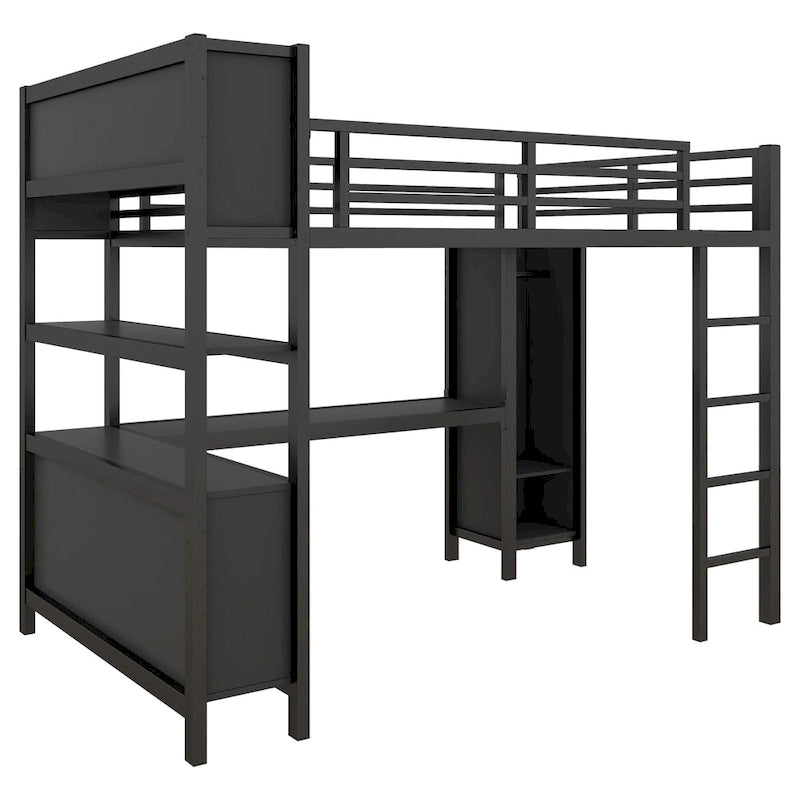Cama alta de metal todo en uno con escritorio en forma de L y armario, estructura de cama para dormitorios con cubos de almacenamiento, estantes, barandillas de longitud completa