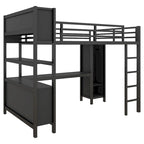 Cama alta de metal todo en uno con escritorio en forma de L y armario, estructura de cama para dormitorios con cubos de almacenamiento, estantes, barandillas de longitud completa