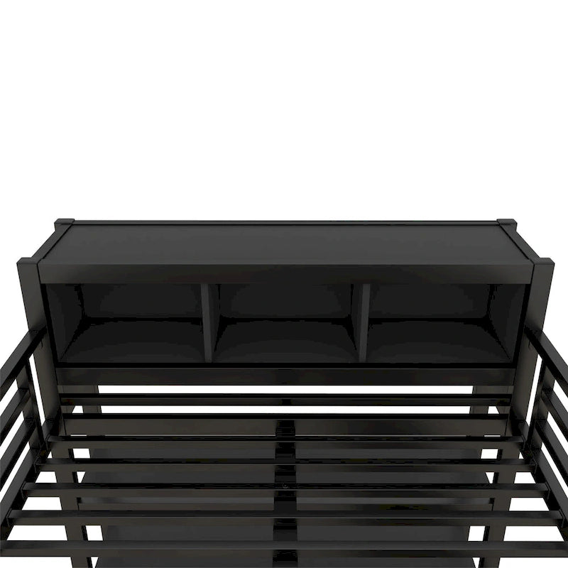 Cama alta de metal todo en uno con escritorio en forma de L y armario, estructura de cama para dormitorios con cubos de almacenamiento, estantes, barandillas de longitud completa