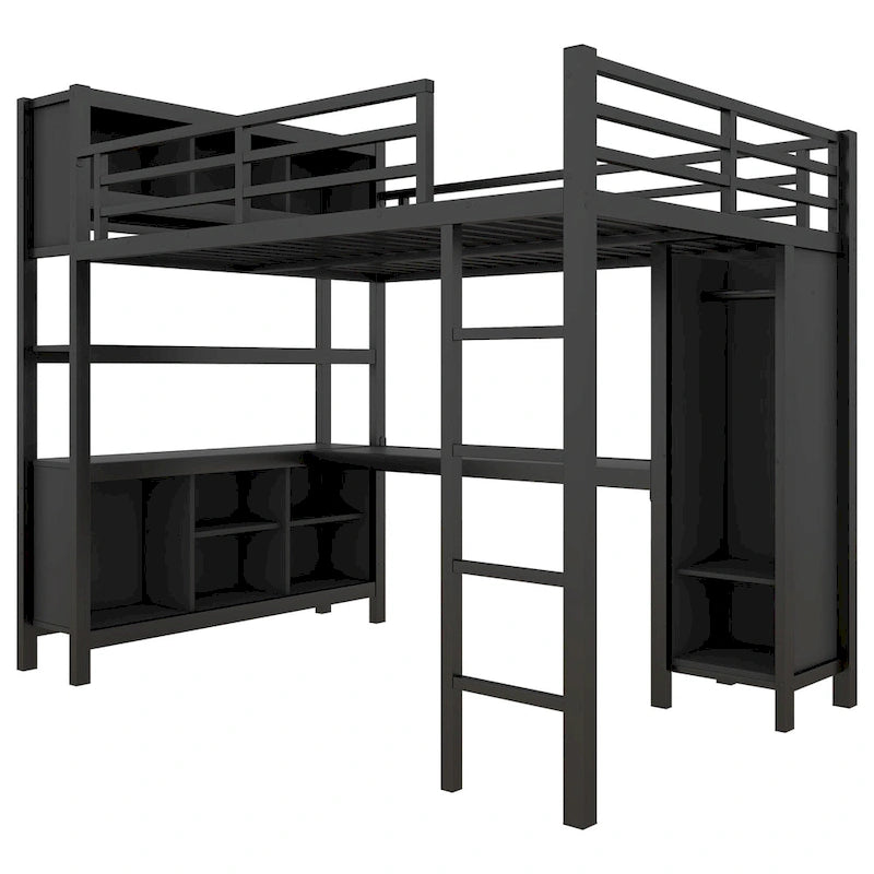Cama alta de metal todo en uno con escritorio en forma de L y armario, estructura de cama para dormitorios con cubos de almacenamiento, estantes, barandillas de longitud completa