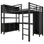 Cama alta de metal todo en uno con escritorio en forma de L y armario, estructura de cama para dormitorios con cubos de almacenamiento, estantes, barandillas de longitud completa