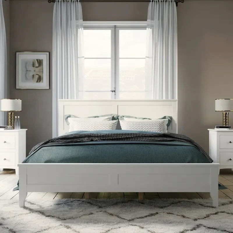 Cama con Plataforma y Cabecero de Listones Blanco/Gris – Matrimonial/Queen, Capacidad para 1–2 Personas