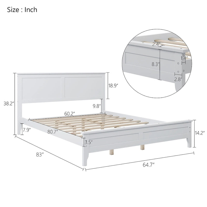 Cama con Plataforma y Cabecero de Listones Blanco/Gris – Matrimonial/Queen, Capacidad para 1–2 Personas