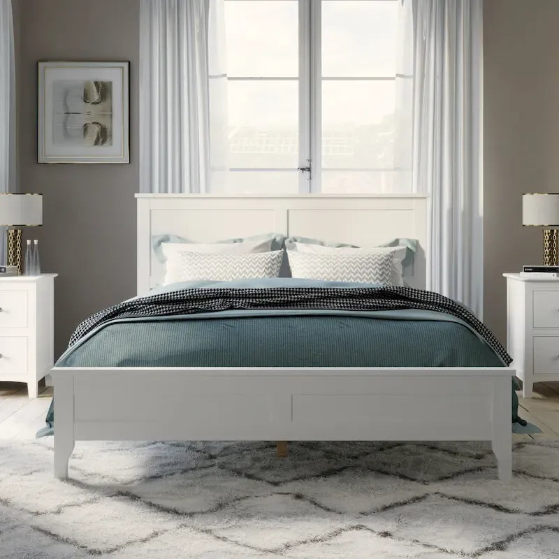 Cama con Plataforma y Cabecero de Listones Blanco/Gris – Matrimonial/Queen, Capacidad para 1–2 Personas