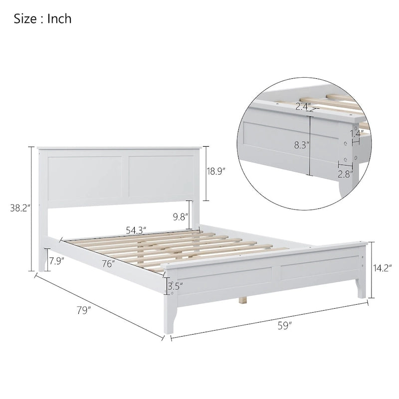 Cama con Plataforma y Cabecero de Listones Blanco/Gris – Matrimonial/Queen, Capacidad para 1–2 Personas