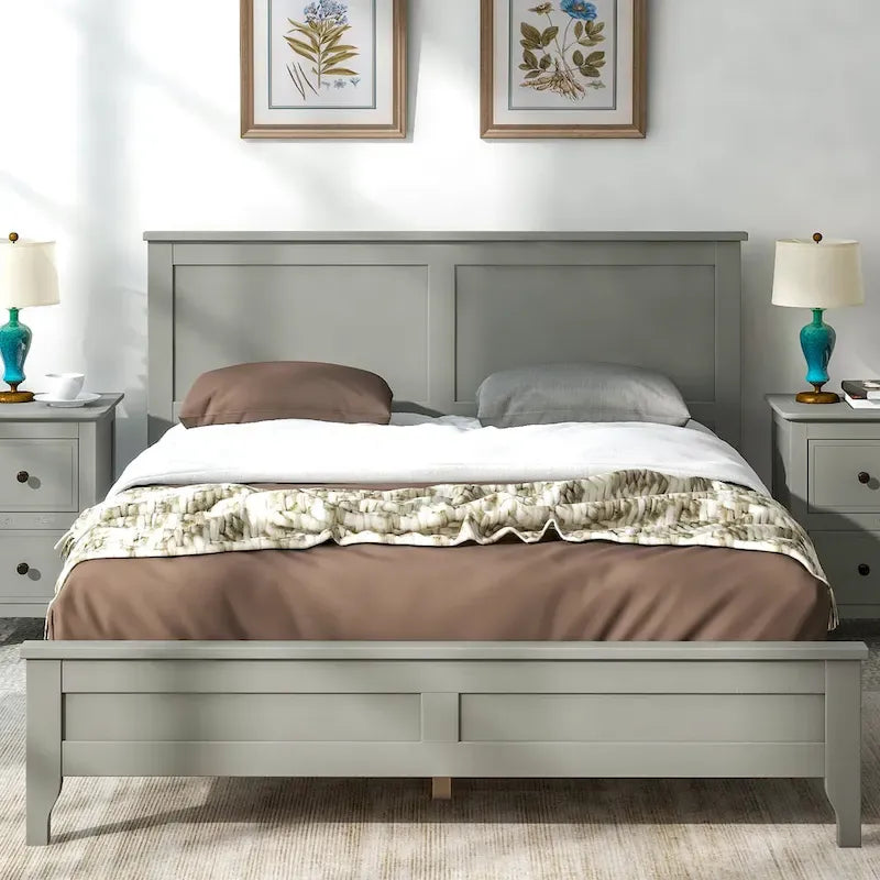 Cama con Plataforma y Cabecero de Listones Blanco/Gris – Matrimonial/Queen, Capacidad para 1–2 Personas