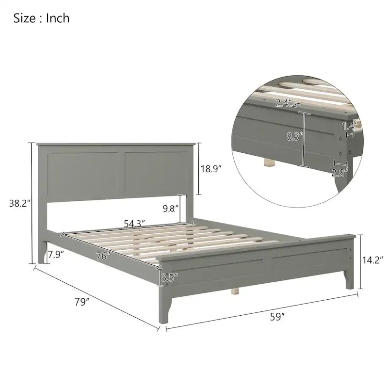 Cama con Plataforma y Cabecero de Listones Blanco/Gris – Matrimonial/Queen, Capacidad para 1–2 Personas