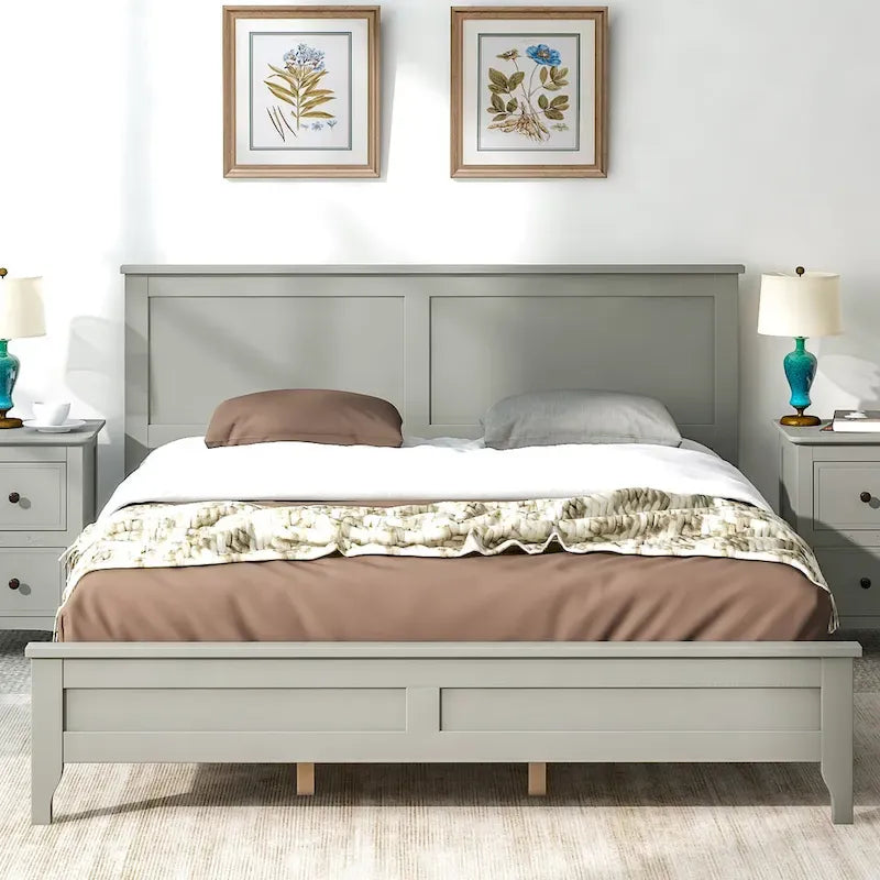 Cama con Plataforma y Cabecero de Listones Blanco/Gris – Matrimonial/Queen, Capacidad para 1–2 Personas