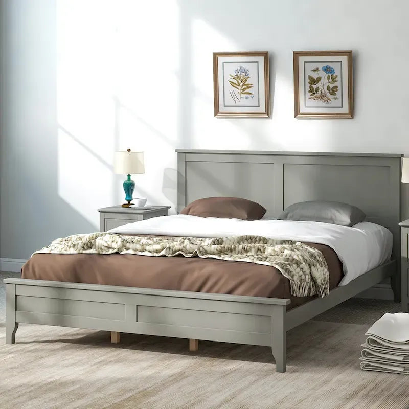 Cama con Plataforma y Cabecero de Listones Blanco/Gris – Matrimonial/Queen, Capacidad para 1–2 Personas