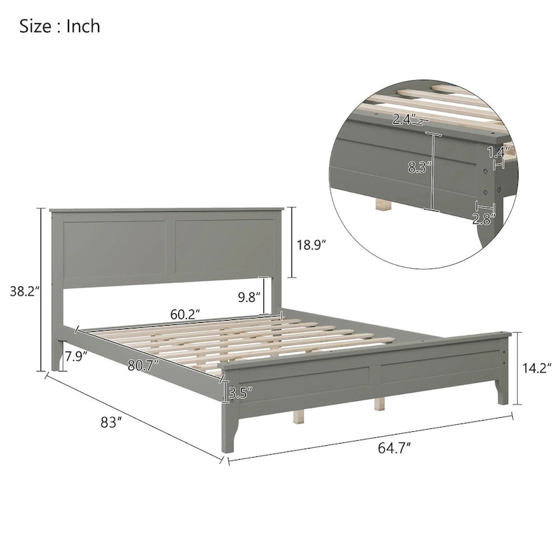 Cama con Plataforma y Cabecero de Listones Blanco/Gris – Matrimonial/Queen, Capacidad para 1–2 Personas