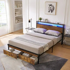 Cama de plataforma metálica tamaño King, marrón y negra, con luces LED, cabecero de madera y 2 cajones de almacenamiento
