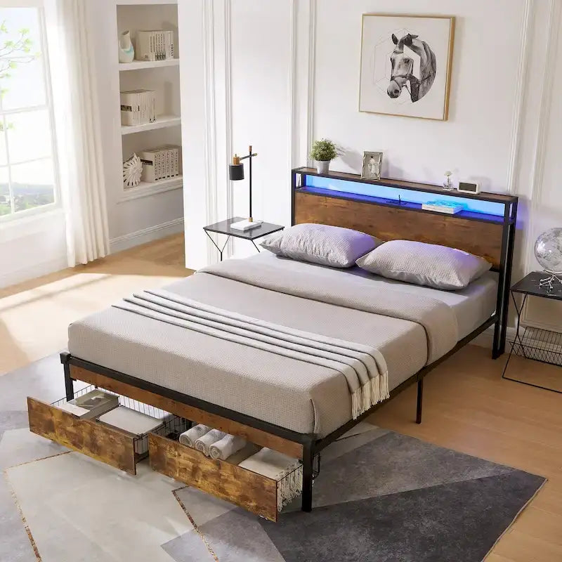 Cama de plataforma metálica tamaño King, marrón y negra, con luces LED, cabecero de madera y 2 cajones de almacenamiento