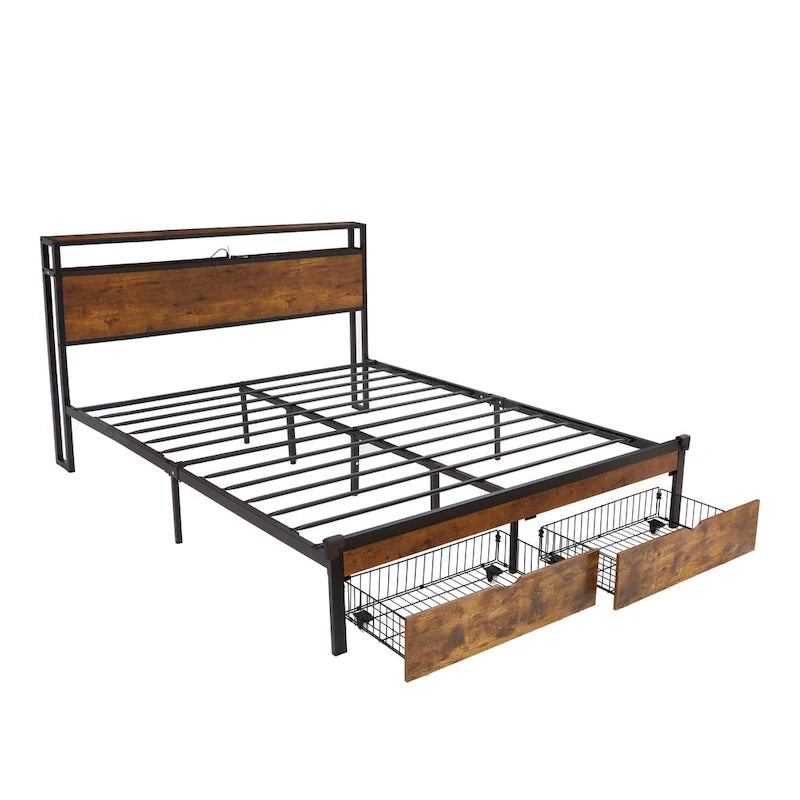 Cama de plataforma metálica tamaño King, marrón y negra, con luces LED, cabecero de madera y 2 cajones de almacenamiento